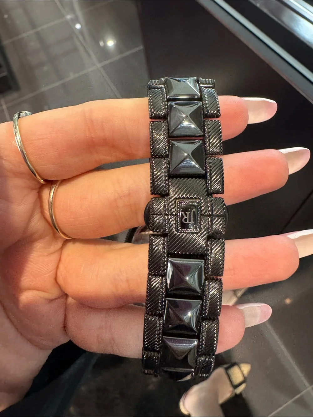 New Judith Ripka Black Stainless Steel & Ceramic Studded Link Watch